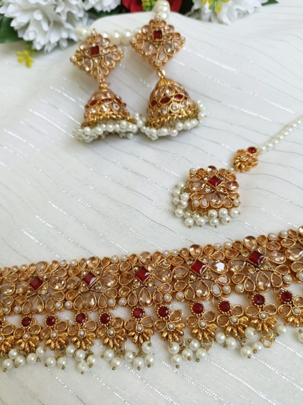 Gold-Tone Red & White Pearl Choker Necklace Set - Women Jewelry